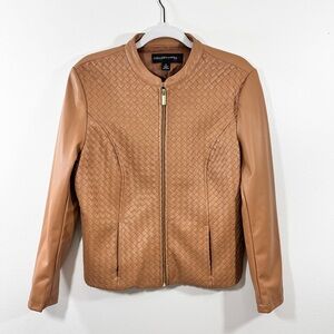 Colleen Lopez Faux Leather Jacket Brown Woven Texture Zip Stretch Panels Size M